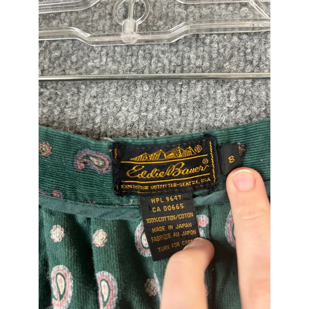 Vintage Eddie Bauer Midi Skirt Green Paisley Corduroy Button‎ Front Size 0/2